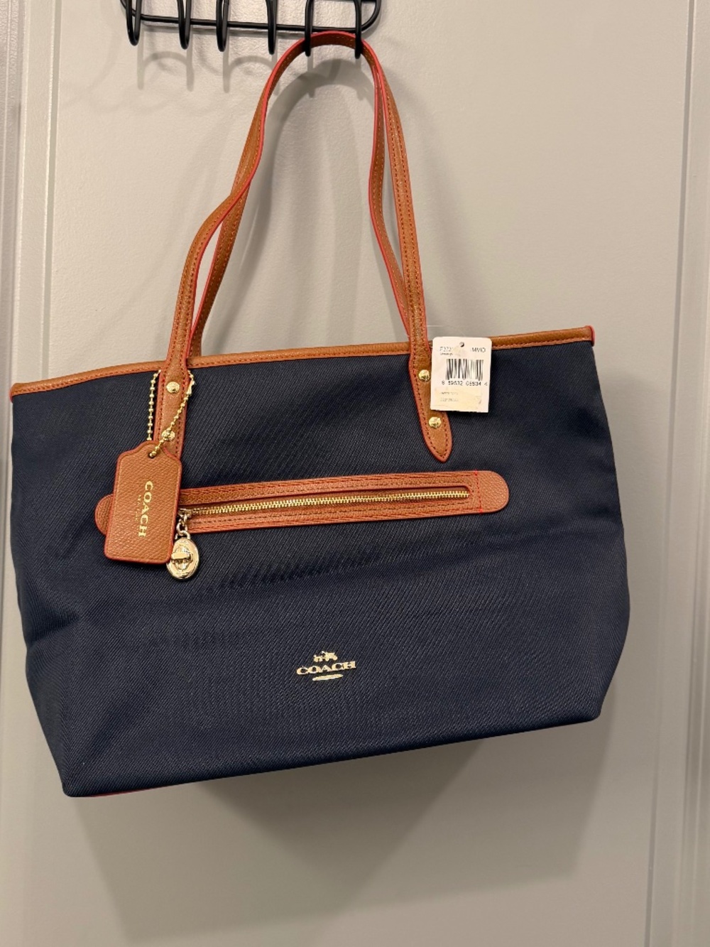 Coach Navy Nylon Tote Bag with Leather Trim
